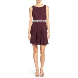 Speechless Mini Maroon Embellished Waist Lace Sleeveless Dress